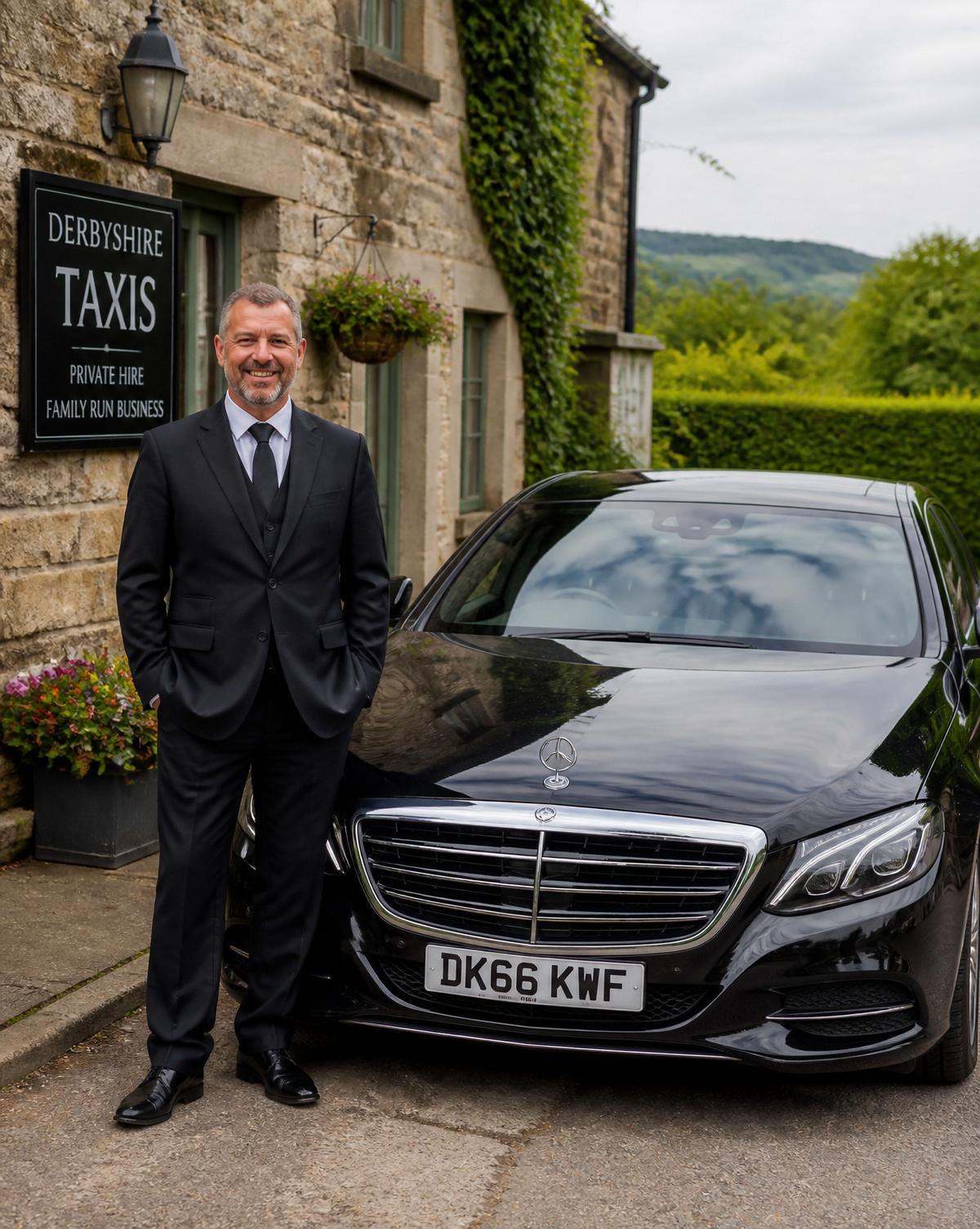 Family-run Derbyshire taxi driver beside his executive car
